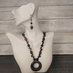 Crimson Red Necklace with Black Pendant and Earring Set